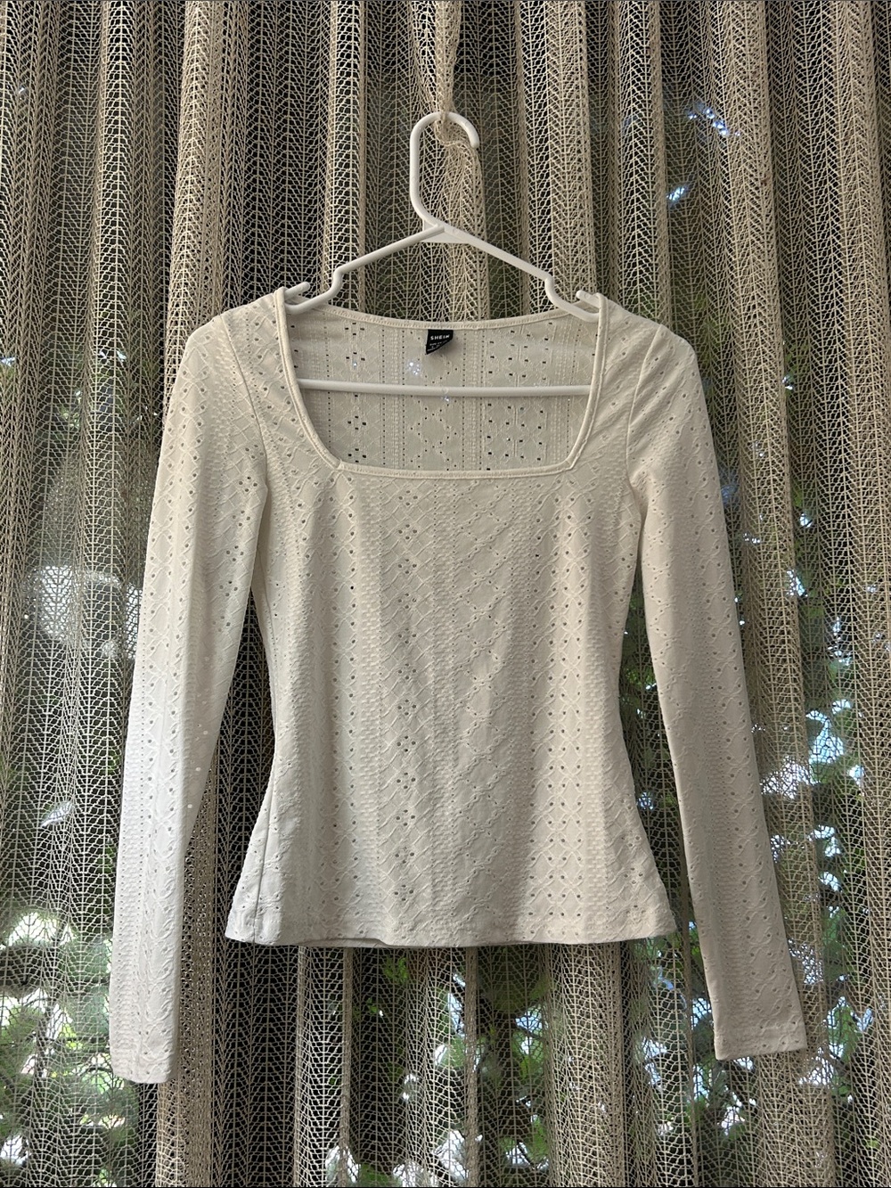 SHEIN Cream Eyelet Square Neck Long Sleeve Top